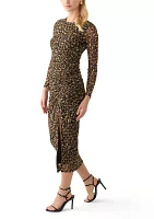 Women's Long Sleeve Mesh Crew Neck Printed Midi Sheath Dress with Side Slit