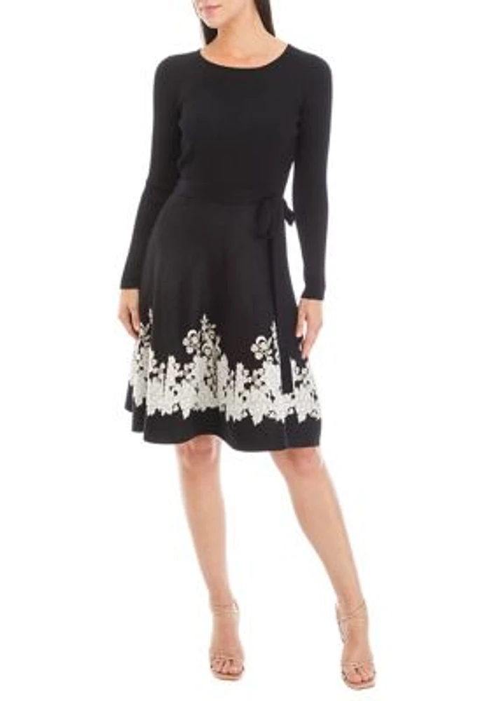 Women's Long Sleeve Tie Waist Floral Trim Dress