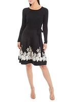 Women's Long Sleeve Tie Waist Floral Trim Dress