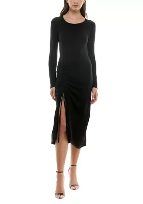 Women's Crew Neck Side Ruched Midi Dress