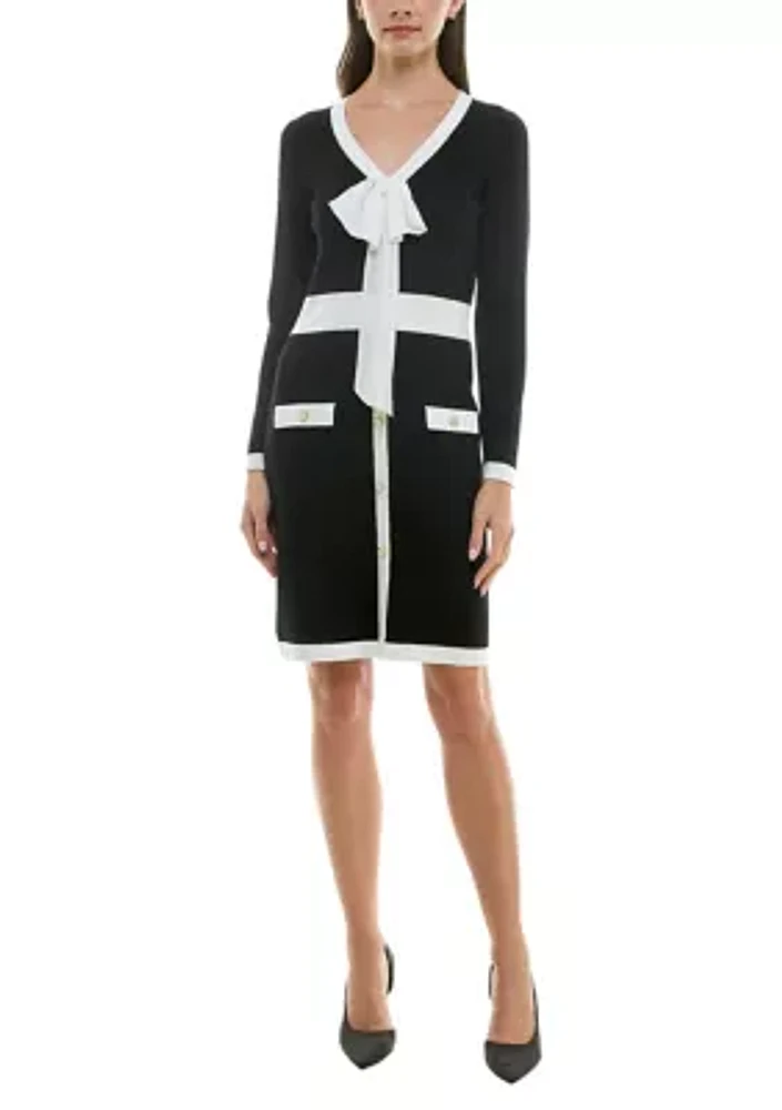 Women's Two Tone Sweater Dress with Bow