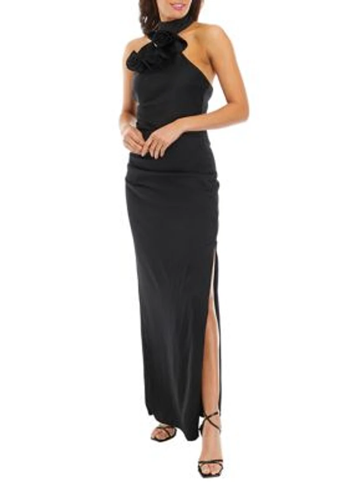 Women's Sleeveless Halter Solid Satin Sheath Dress