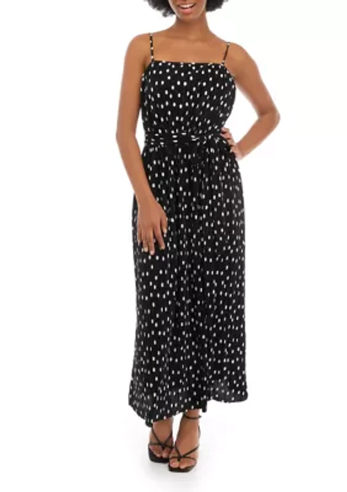 Women's Sleeveless Spaghetti Strap Pleated Dot Midi Dress