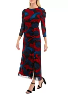 Women's Long Sleeve Printed Puff Shoulder Mesh Dress