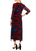 Women's Long Sleeve Printed Puff Shoulder Mesh Dress