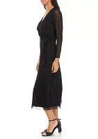 Women's Long Sleeve V-Neck Solid Fit and Flare Midi Dress