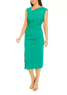 Women's Asymmetrical Neck Ruched Midi Dress