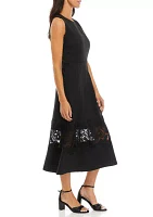 Women's Sleeveless Solid Fit and Flare Dress with Lace Detail