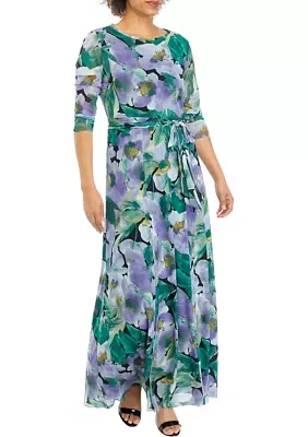 Women's 3/4 Sleeve Floral Print Mesh Maxi Dress