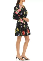 Women's V-Neck Flounce Hem Dress with Smocked Sleeve Cuffs