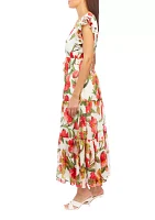 Women's Drawstring Waist Maxi Dress with Ruffle Sleeves