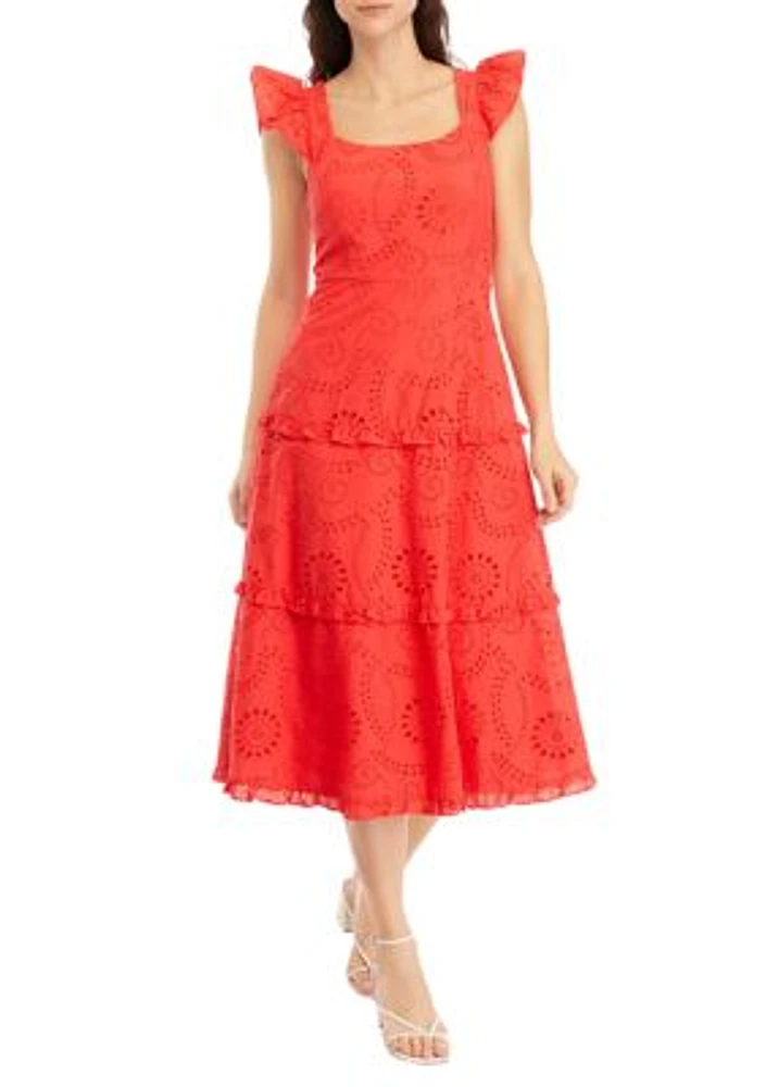 Women's Ruffle Three Tier Scooped Neck Midi Dress