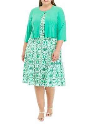 Plus 3/4 Solid Sleeve Jacket with Printed Fit and Flare Dress