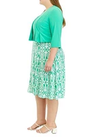 Plus 3/4 Solid Sleeve Jacket with Printed Fit and Flare Dress
