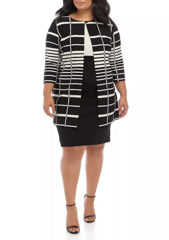 Belk Plus Size 3/4 Sleeve Striped Jacket and Color Block Dress Set |