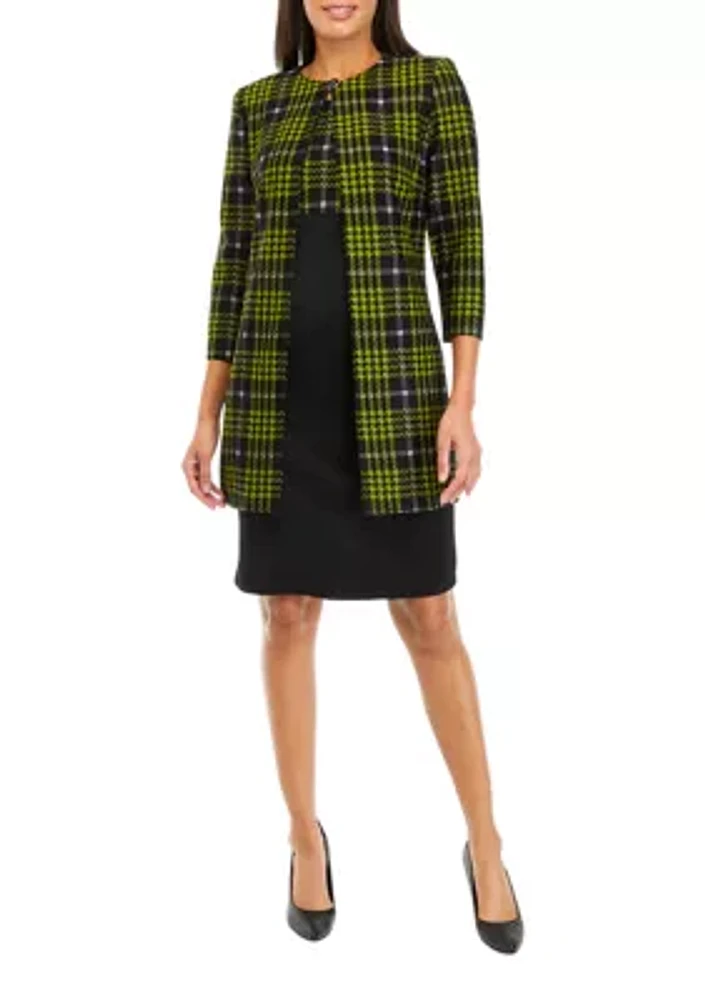 Women's 3/4 Sleeve Plaid Textured Knit Lab Jacket Dress