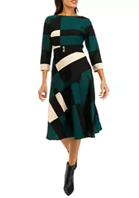 Julian Taylor Women's 3/4 Sleeve Color Block Belted Fit and Flare Dress