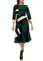 Julian Taylor Women's 3/4 Sleeve Color Block Belted Fit and Flare Dress
