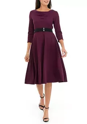 Julian Taylor Women's 3/4 Sleeve Solid Cowl Neck Crepe Fit and Flare Dress
