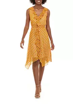 Maison Tara Women's Ruffle Chiffon Dot Print Elastic Waist Dress