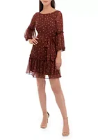 Maison Tara Women's 3/4 Sleeve Chiffon Dot Print Fit and Flare Dress