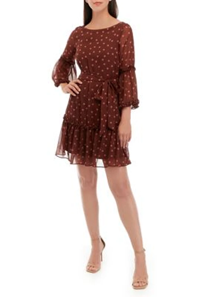 Women's 3/4 Sleeve Chiffon Dot Print Fit and Flare Dress