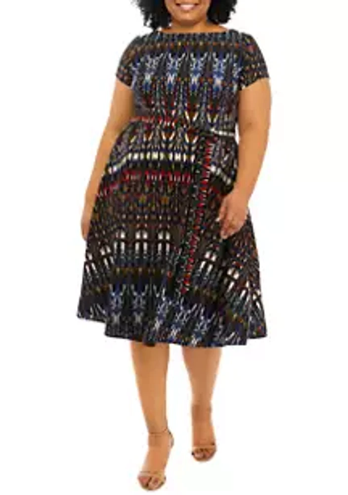 Julian Taylor Plus Tie Waist Abstract Print Fit and Flare Dress