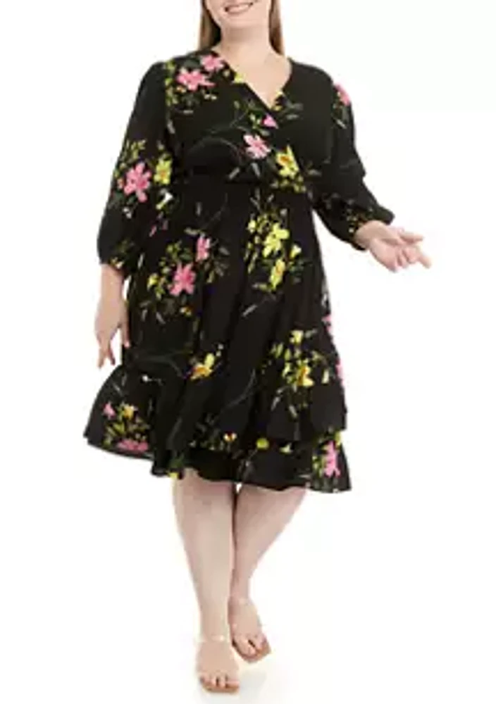 Danny & Nicole Plus Size 3/4 Sleeve Surplice Floral Printed Dress