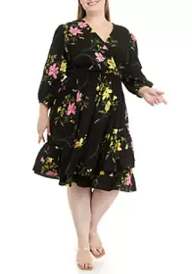 Danny & Nicole Plus Size 3/4 Sleeve Surplice Floral Printed Dress