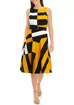 Julian Taylor Women's Sleeveless Stripe Print Crepe Fit and Flare Dress with Belt