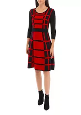 Julian Taylor Women's 3/4 Sleeve Color Block Windowpane Sweater Dress