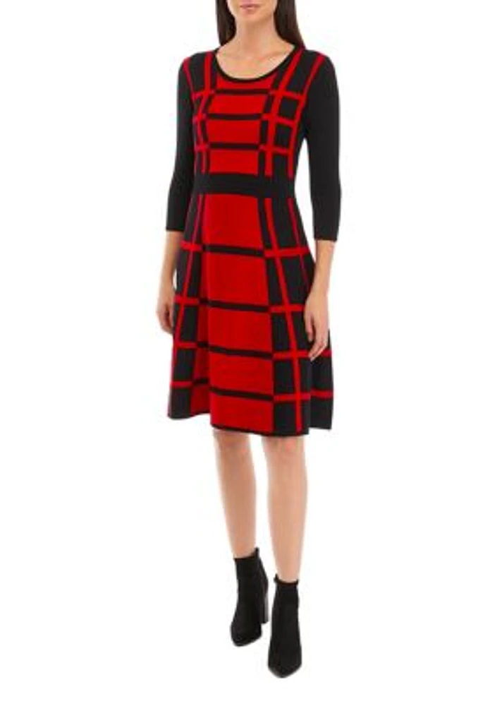 Women's 3/4 Sleeve Color Block Windowpane Sweater Dress