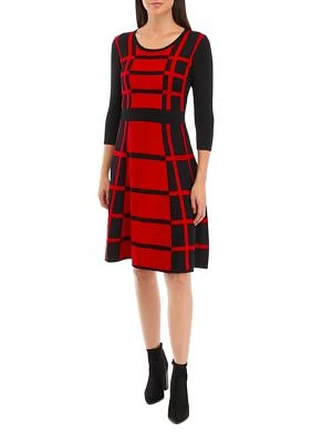 Women's 3/4 Sleeve Color Block Windowpane Sweater Dress