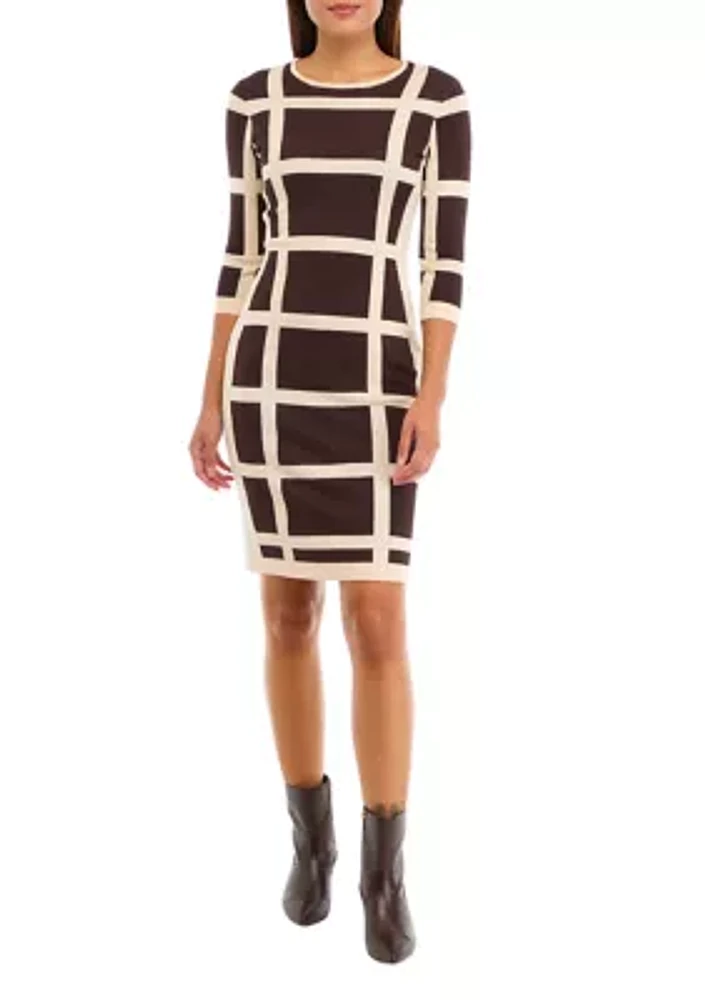 Women's Long Sleeve Grid Print Sheath Dress