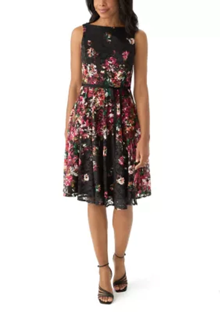 Women's Printed Lace Fit and Flare Dress