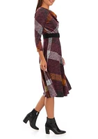 Women's Cowl Neck Belted Plaid Fit and Flare Dress