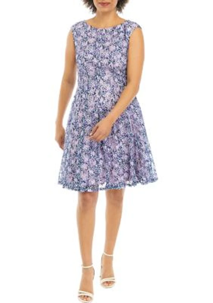 Women's Sleeveless Ditsy Floral Printed Lace Fit and Flare Dress