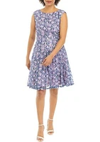 Women's Sleeveless Ditsy Floral Printed Lace Fit and Flare Dress