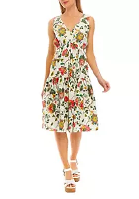 Maison Tara Women's Sleeveless V-Neck Cinched Waist Floral Printed Fit and Flare Dress