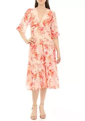 Maison Tara Women's 3/4 Blouson Sleeve Floral V-Neck Dress