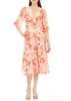 Maison Tara Women's 3/4 Blouson Sleeve Floral V-Neck Dress