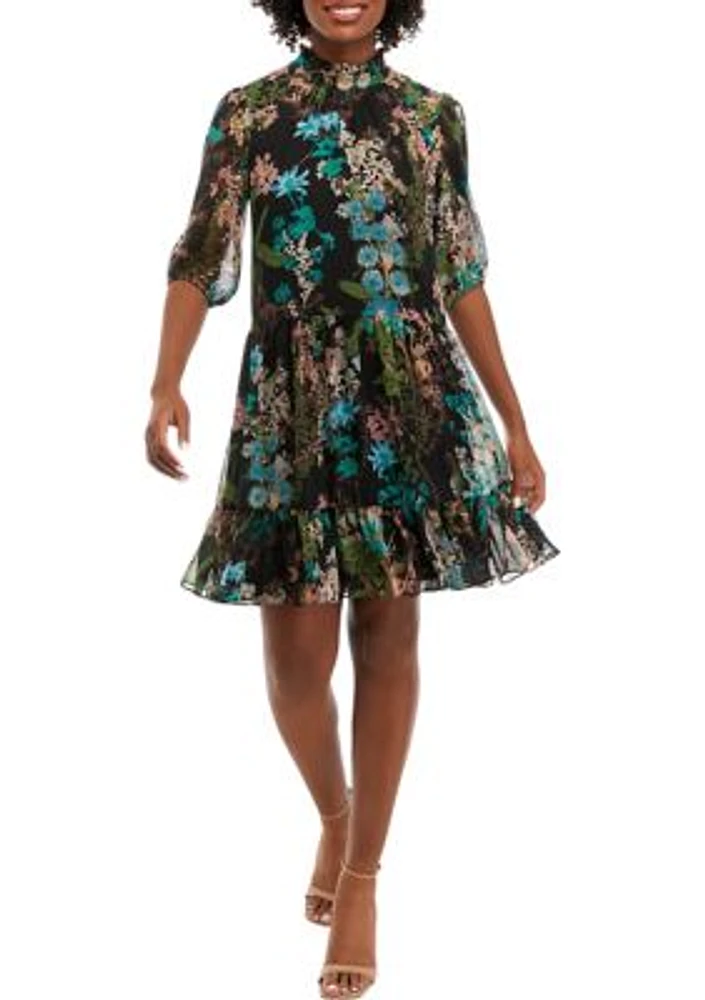 Women's Mock Neck Floral A-Line Dress