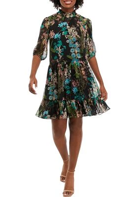 Women's Mock Neck Floral A-Line Dress