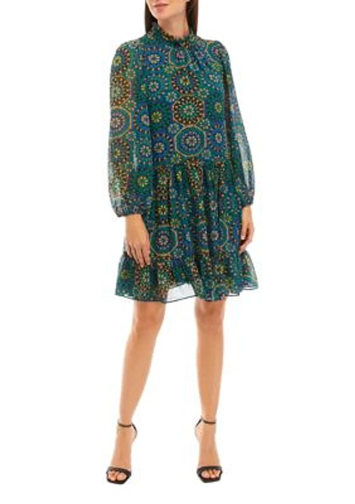 Women's Long Sleeve Mock Neck Medallion Print Chiffon A-Line Dress