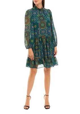 Women's Long Sleeve Mock Neck Medallion Print Chiffon A-Line Dress