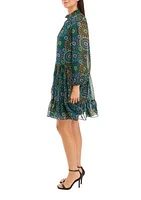 Women's Long Sleeve Mock Neck Medallion Print Chiffon A-Line Dress