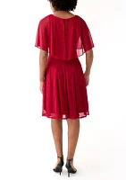 Women's Cape Sleeve Crew Neck Solid Fit and Flare Dress