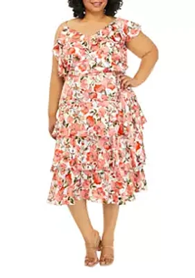 Danny & Nicole Plus Floral One-Shoulder Ruffled Dress