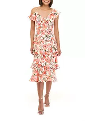 Maison Tara Women's Satin Floral One Shoulder Ruffle Midi Dress