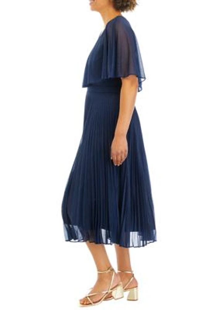 Women's V-Neck Short Sleeve Capelet Pleated Dress